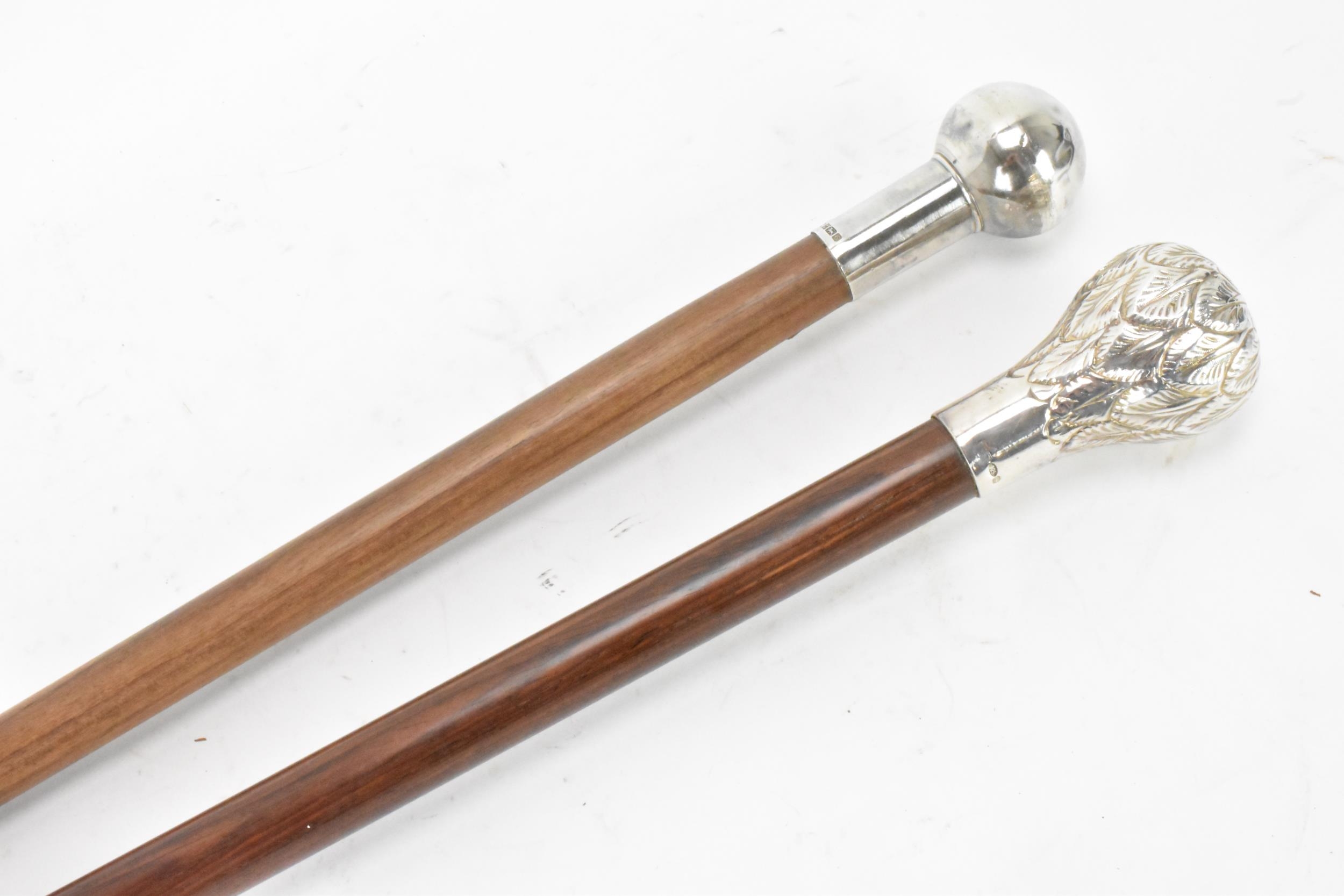 Two mid 20th century silver topped walking sticks, one having a ball knopped finial, hallmarked - Image 5 of 10