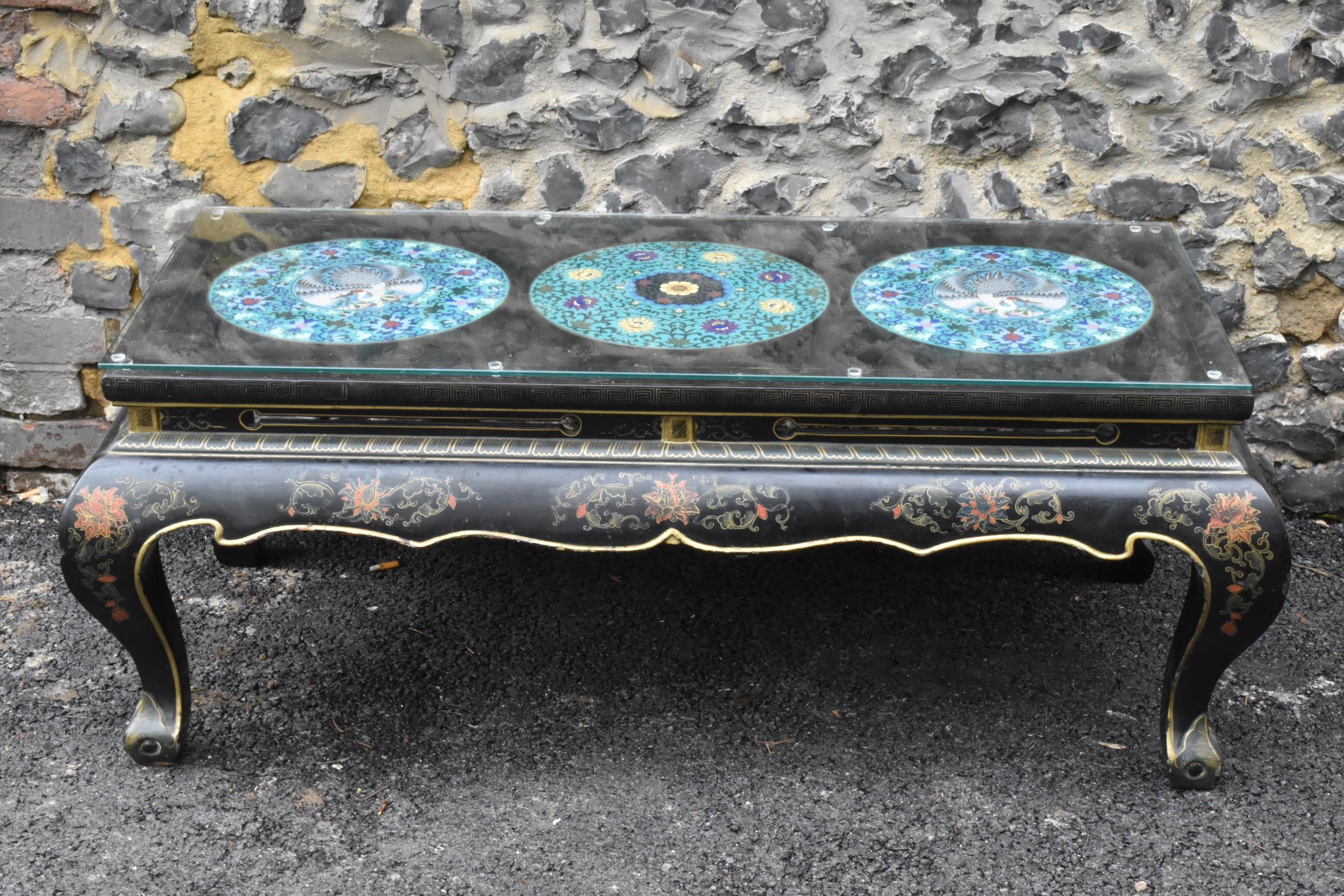 A Chinese 20th century cloisonne coffee table, the black lacquered low coffee table with a - Image 2 of 10