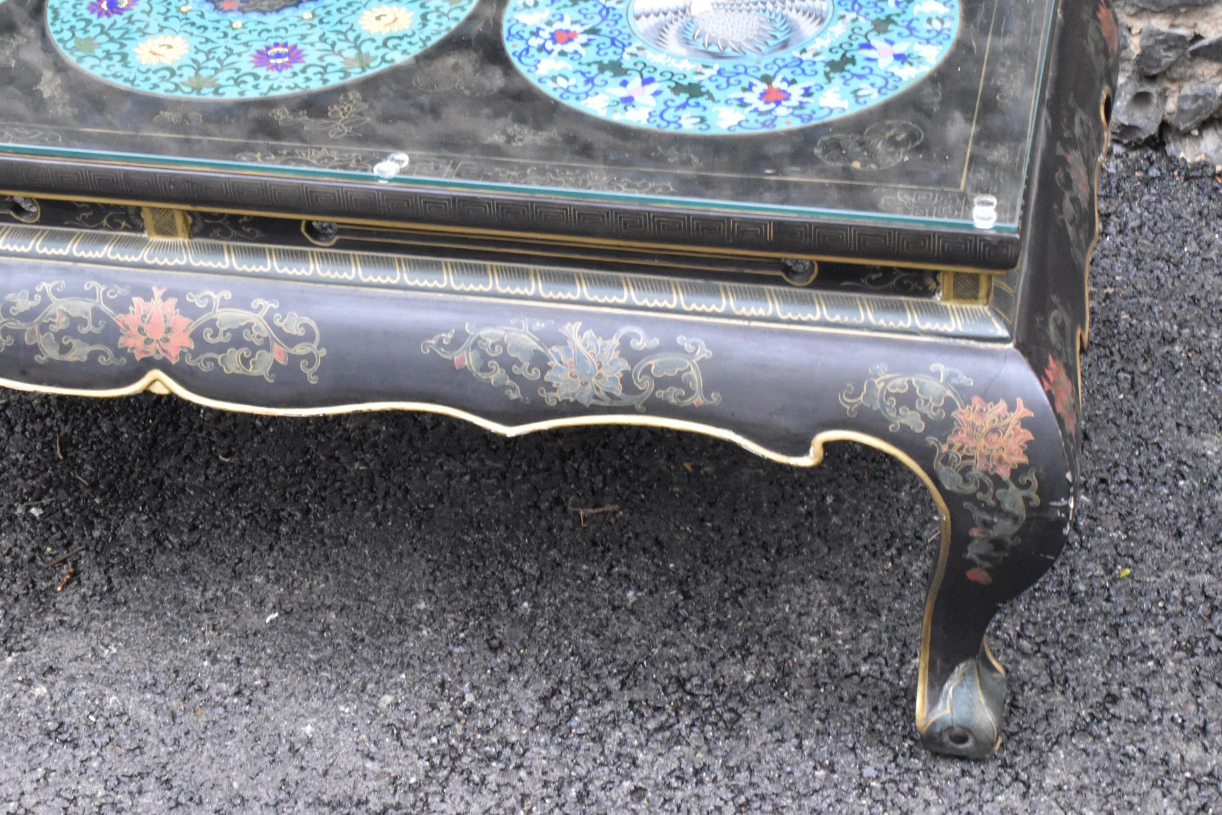 A Chinese 20th century cloisonne coffee table, the black lacquered low coffee table with a - Image 10 of 10