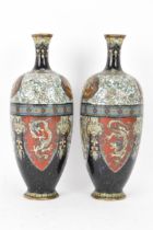 A pair of Japanese Meiji period cloisonne enamel vases, of ovoid form with elongated necks,