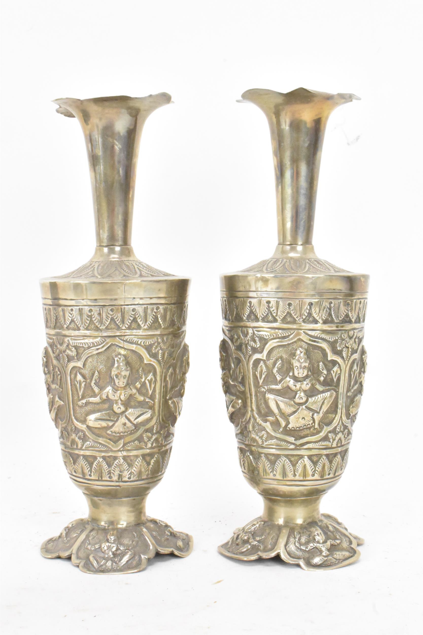 A small collection of Indian white metal implements including two vases with crimped tips and - Image 2 of 11