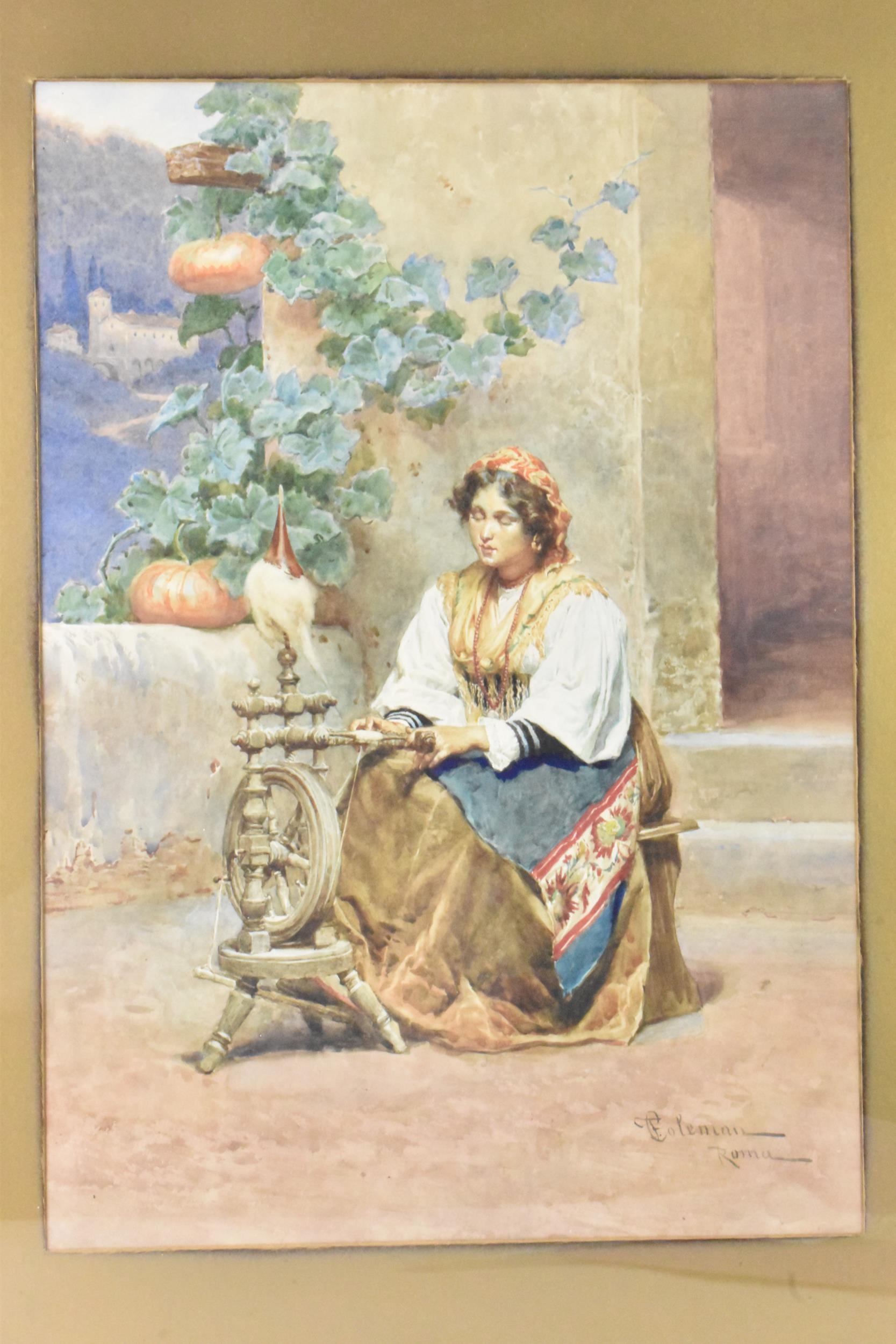 Francesco Coleman (1857-1918) - A watercolour depicting a lady using a spinning loom, signed to - Image 2 of 7