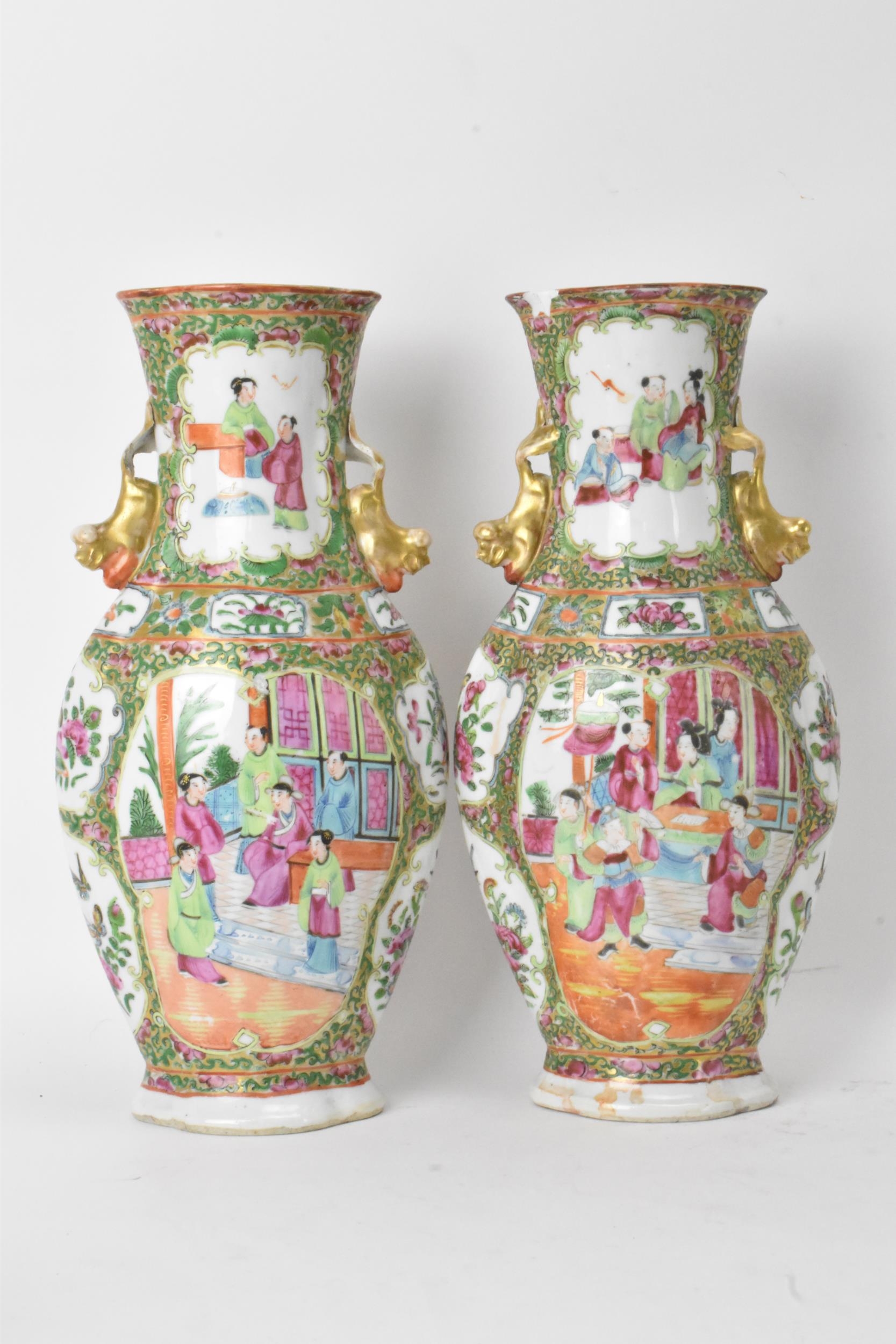 A pair of Chinese export Canton Famille Rose vases, Qing Dynasty, late 19th century, in polychrome - Image 3 of 6