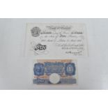 Banknotes - A 1937 Five Pound / £5, Peppiatt A/381 57833, together a Peppiatt WWII ear One
