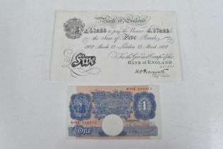 Banknotes - A 1937 Five Pound / £5, Peppiatt A/381 57833, together a Peppiatt WWII ear One