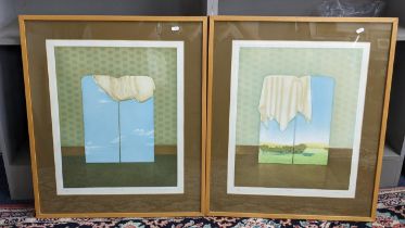 N Graut - a pair of limited edition prints, each of a screen draped with material, framed and glazed