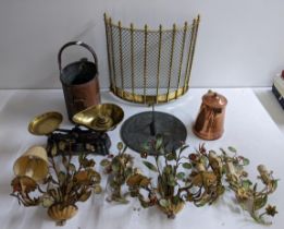 Metalware to include a sundial a copper watering can , a fireguard and scales and light fittings