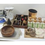 A mixed lot of kitchen ware to include sugar and tea pots, vintage weighting scales, and other items