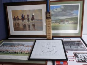 Sporting related framed pictures to include 'moment of victory' by Jack Russell framed images of