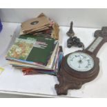 A mixed lot to include an early 20th century wall hanging barometer, a Cornish carved stoneware