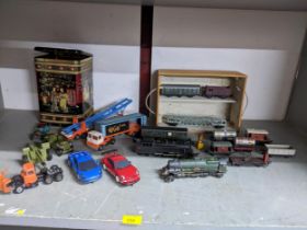 A selection of toys to include Triang, Hornby, Fleischmann and Jouef engines, rolling stock and