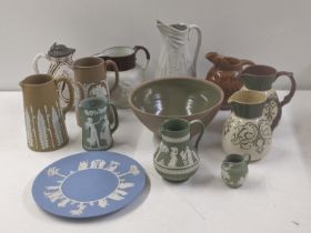 Mixed pottery items to include two Langley ware glazed jugs, a bowl and others together with