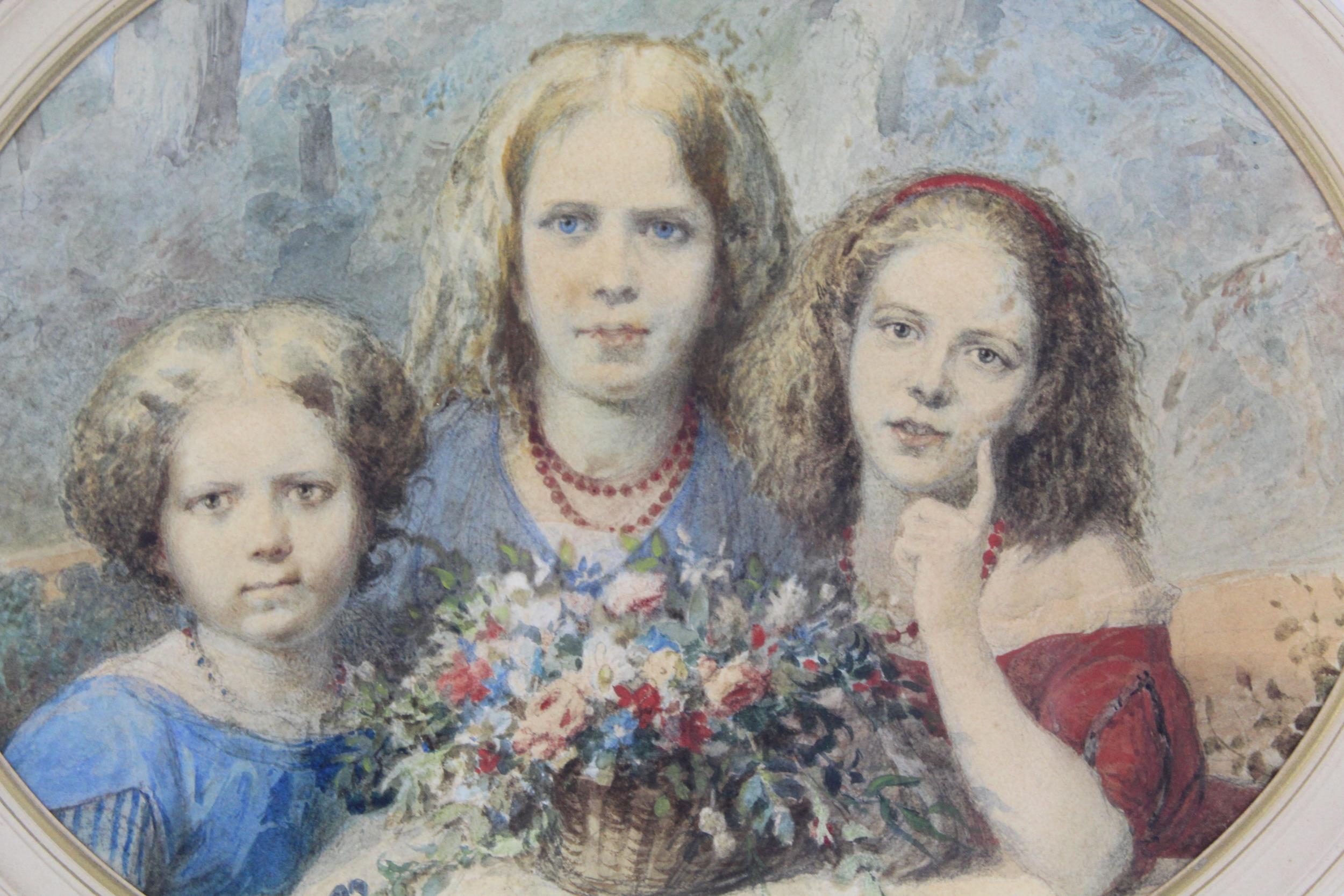 Tito Agujari (1834-1906) - a half length group portrait of three young girls by a basket of - Image 3 of 7