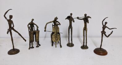 A group of brass musician and dancer figurines to include a violin, cello and drums players