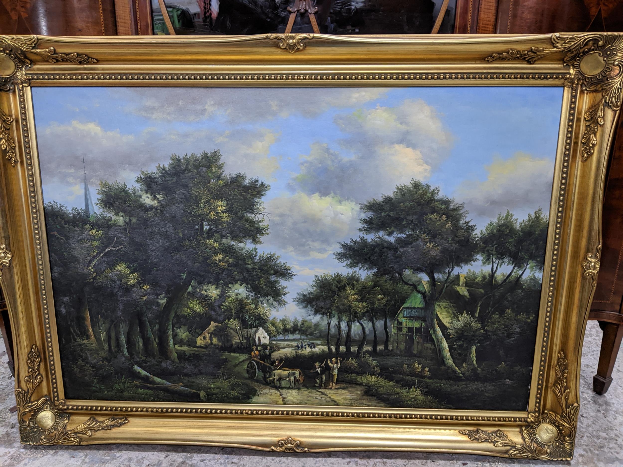 A late 20th century oil painting on board depicting figures in a horse drawn cart in an extensive - Image 2 of 3