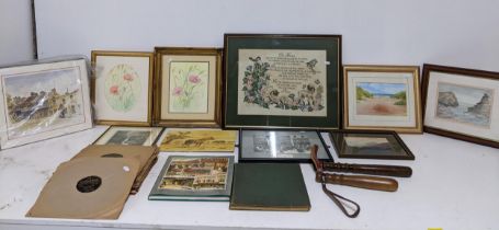 A mixed lot of watercolours and prints, 78rpm records to include Norman Wisdom, two wooden