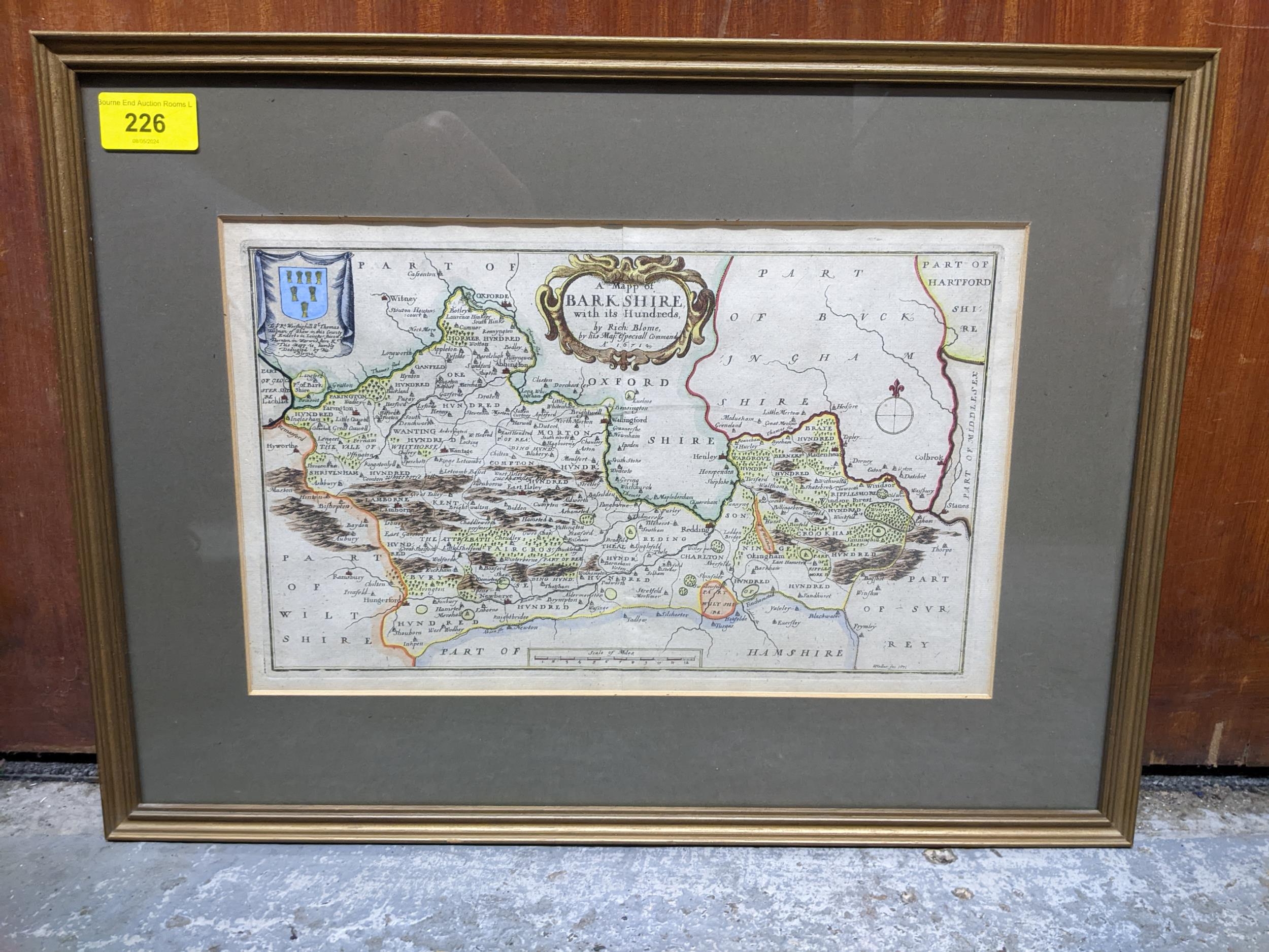 A 17th century Richard Blome map of Berkshire, hand coloured, 20cm x 32cm Location: - Image 2 of 2
