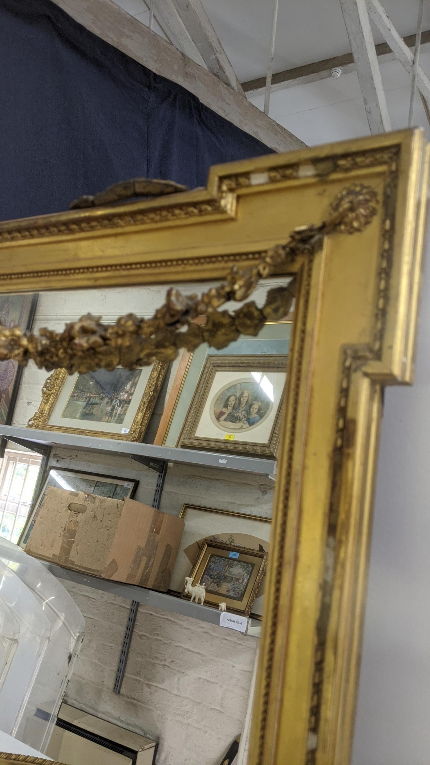 Two gilt mirrors to include a rectangular shaped mirror with ribbon tied floral sway decoration A/F, - Image 5 of 5