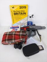 Car related items and accessories to include a windscreen cover a Tom Tom (plus paperwork) road