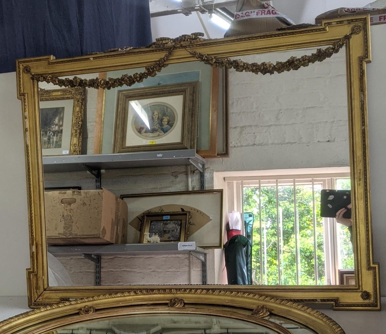 Two gilt mirrors to include a rectangular shaped mirror with ribbon tied floral sway decoration A/F, - Image 3 of 5