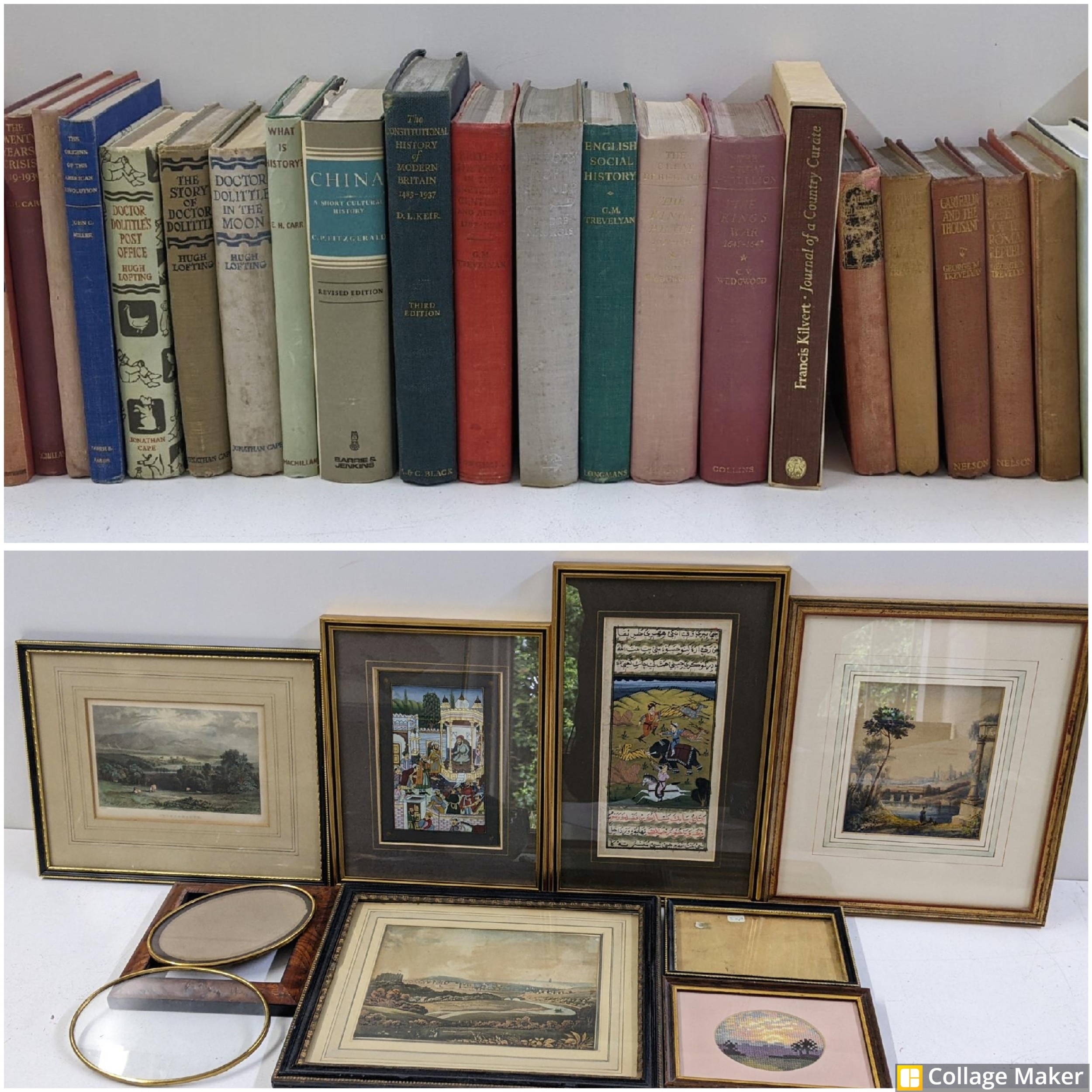 A mixed lot of books and pictures to include The Story of Doctor Dolittle by Hugh Lofting, an Indian