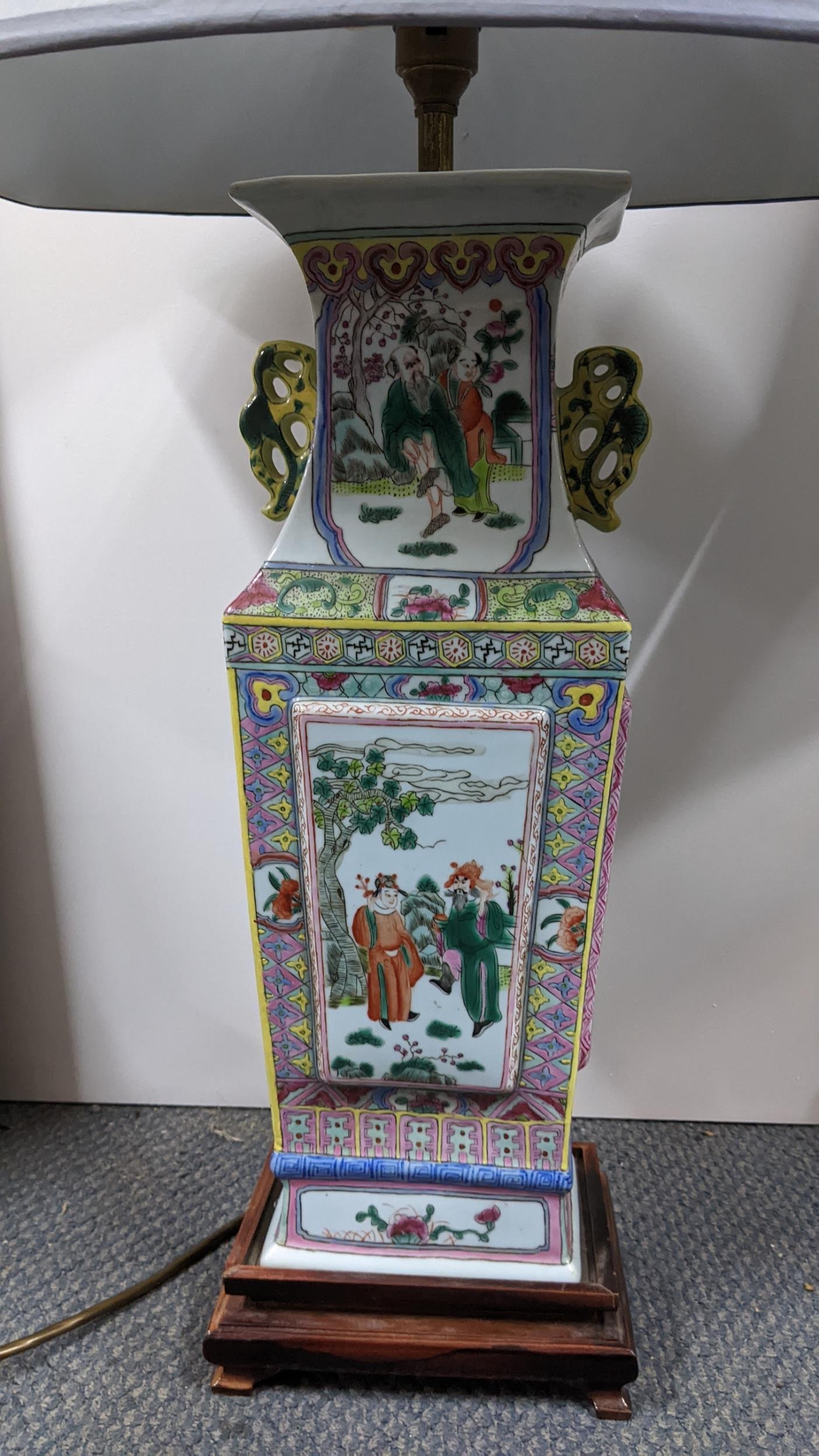 Two Chinese 20th century Famille Rose table lamps, one decorated with panels of figures and other of - Image 3 of 3