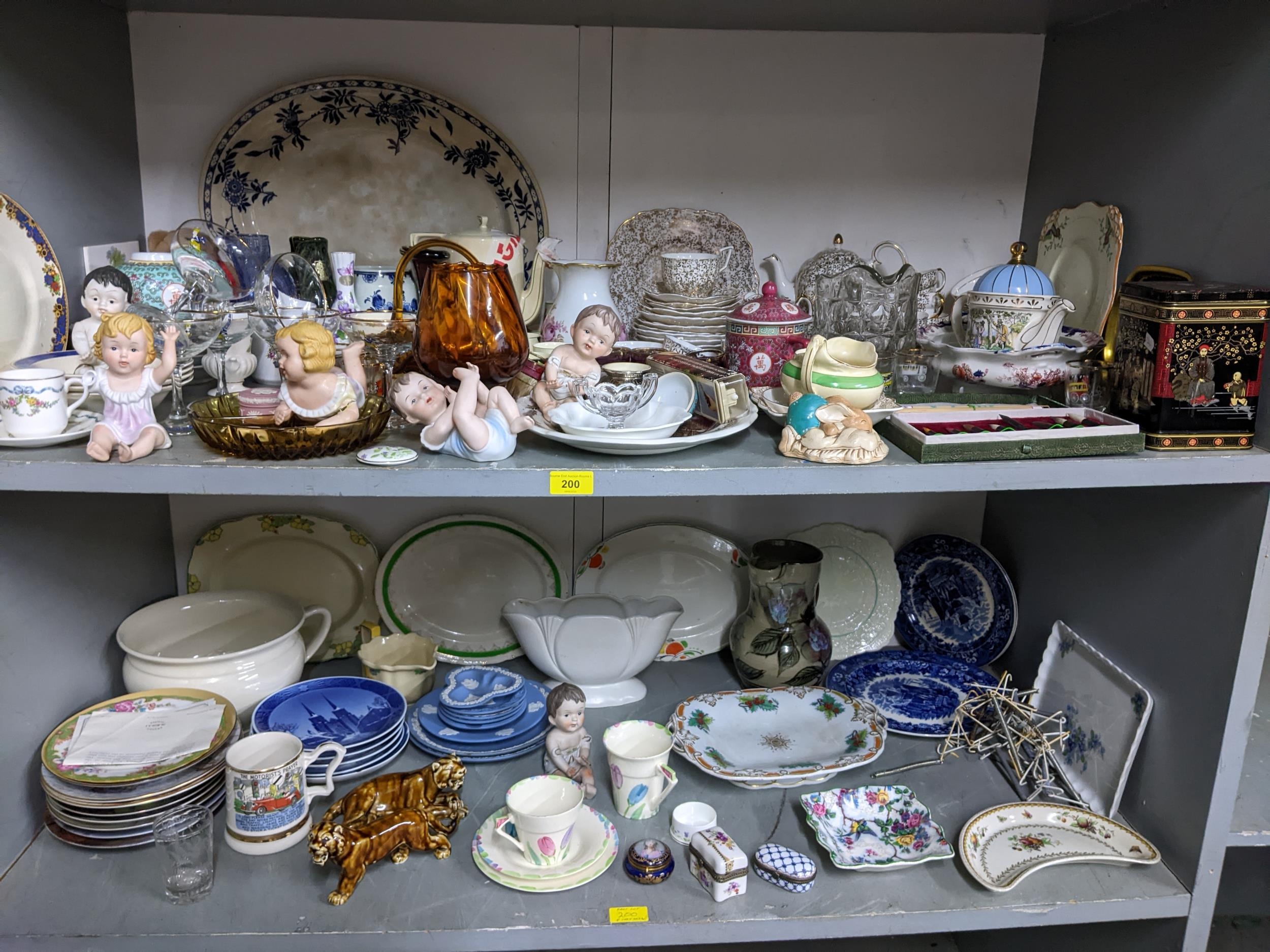A mixed lot of ceramics, glassware and other items to include Wedgwood Jasper ware, piano babies,