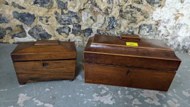 Two 19th century walnut tea caddies, one with twin canisters Location: If there is no condition