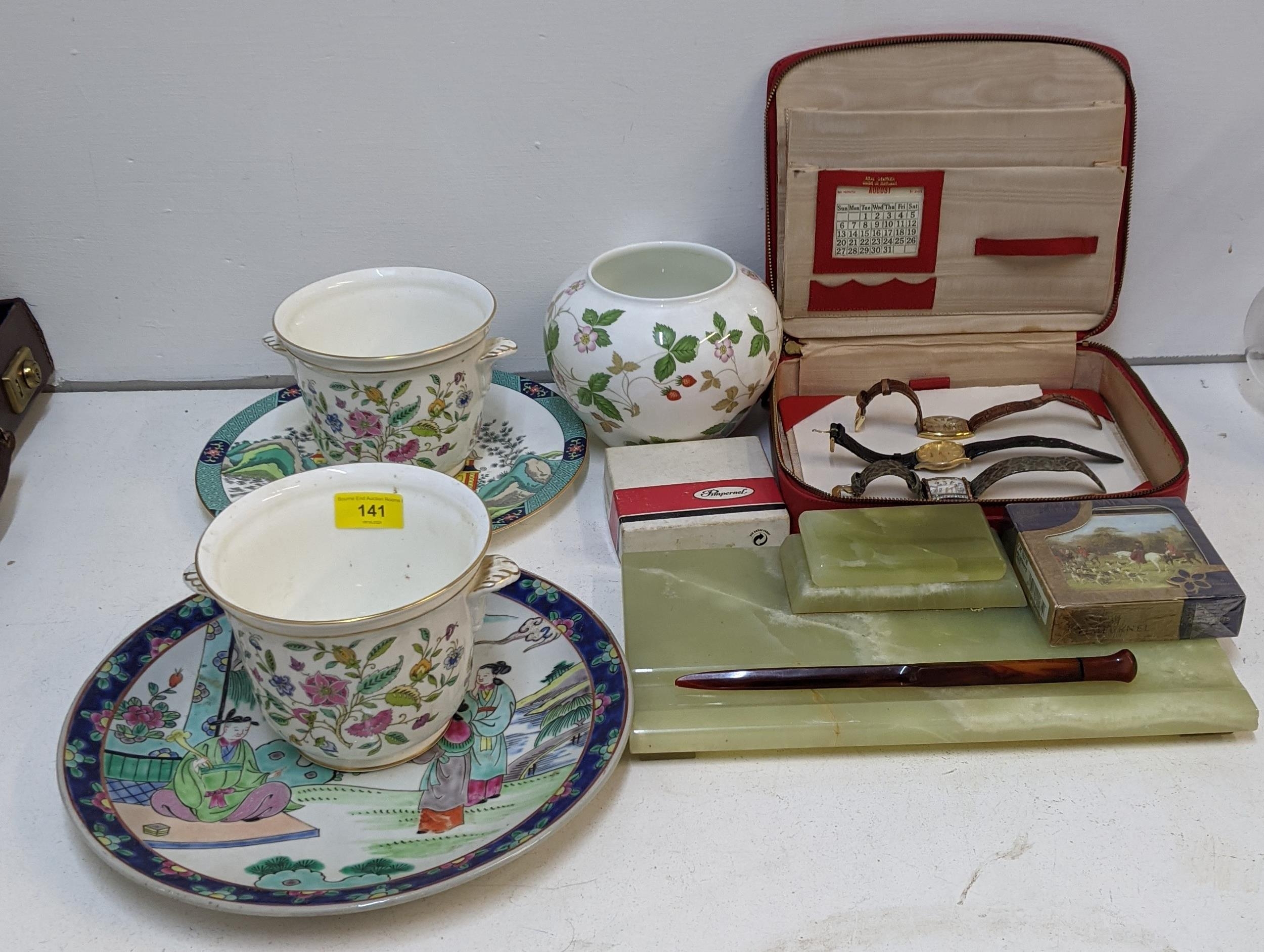 A mixed lot to include a red case, a mottled green onyx desk stand a Coalport plate with an oriental - Image 2 of 9