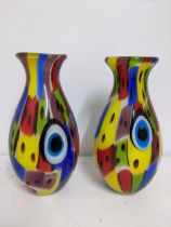 Two Venetian Murano glass vases decorated with panels and spots in red, green, yellow, blues and