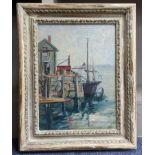 An oil on board depicting a moored fishing boat, initialled to the corner and label verso, inscribed