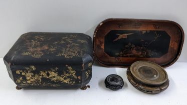 A 19th century chinoiserie twin handled box on lion paw feet, together with two Chinese vase