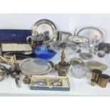 A mixed lot to include cutlery, Selkirk glass paperweight, silver plated tea pot and other items