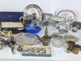 A mixed lot to include cutlery, Selkirk glass paperweight, silver plated tea pot and other items