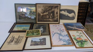 Pictures to include two Chinese embroidered panels, various other prints Location: A1M