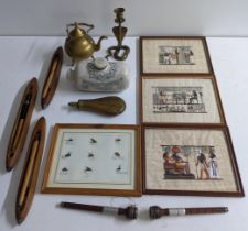 A mixed lot to include framed fishing fly's, a Doulton foot warmer, a 19th century powder flask