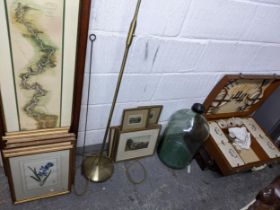 A mixed lot to include a cased Brexton picnic hamper, large glass money box jar, various prints to