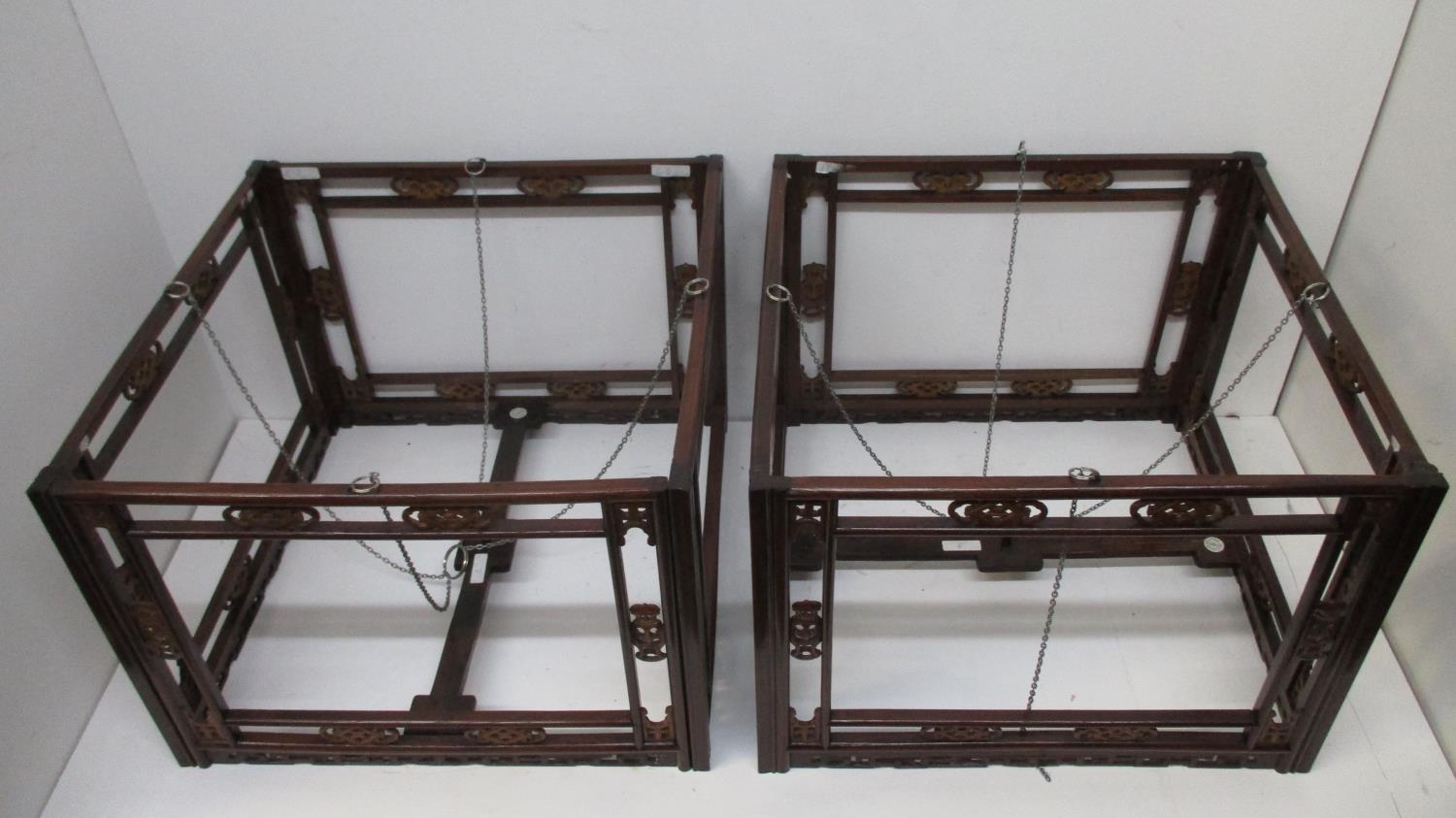 A pair of 19th century Chinese tielimu and boxwood hanging lanterns, carved and fretworked with - Image 2 of 9