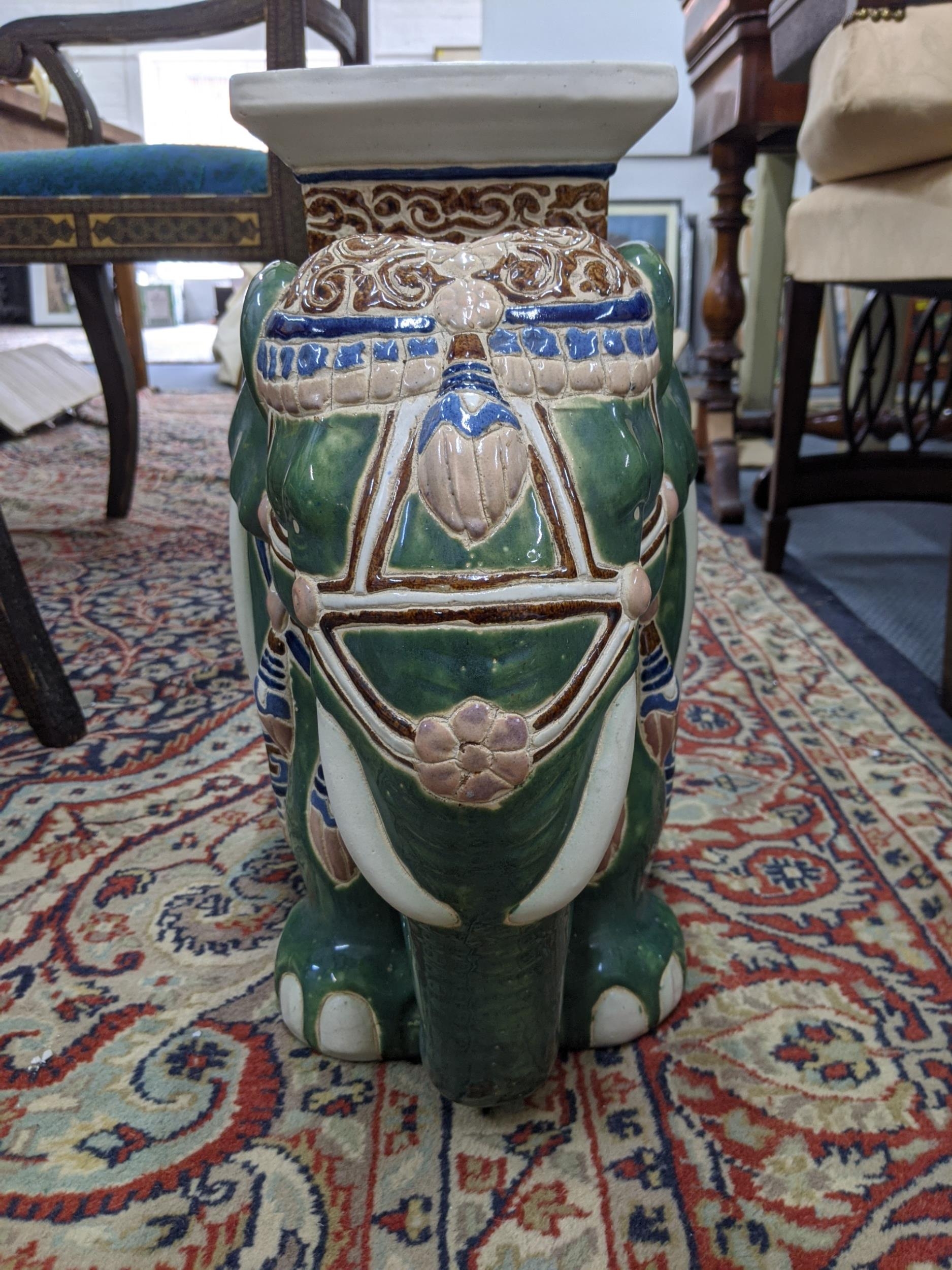 A 20th century conservatory stool fashioned as an elephant draped in Indian textiles and finery - Image 2 of 6