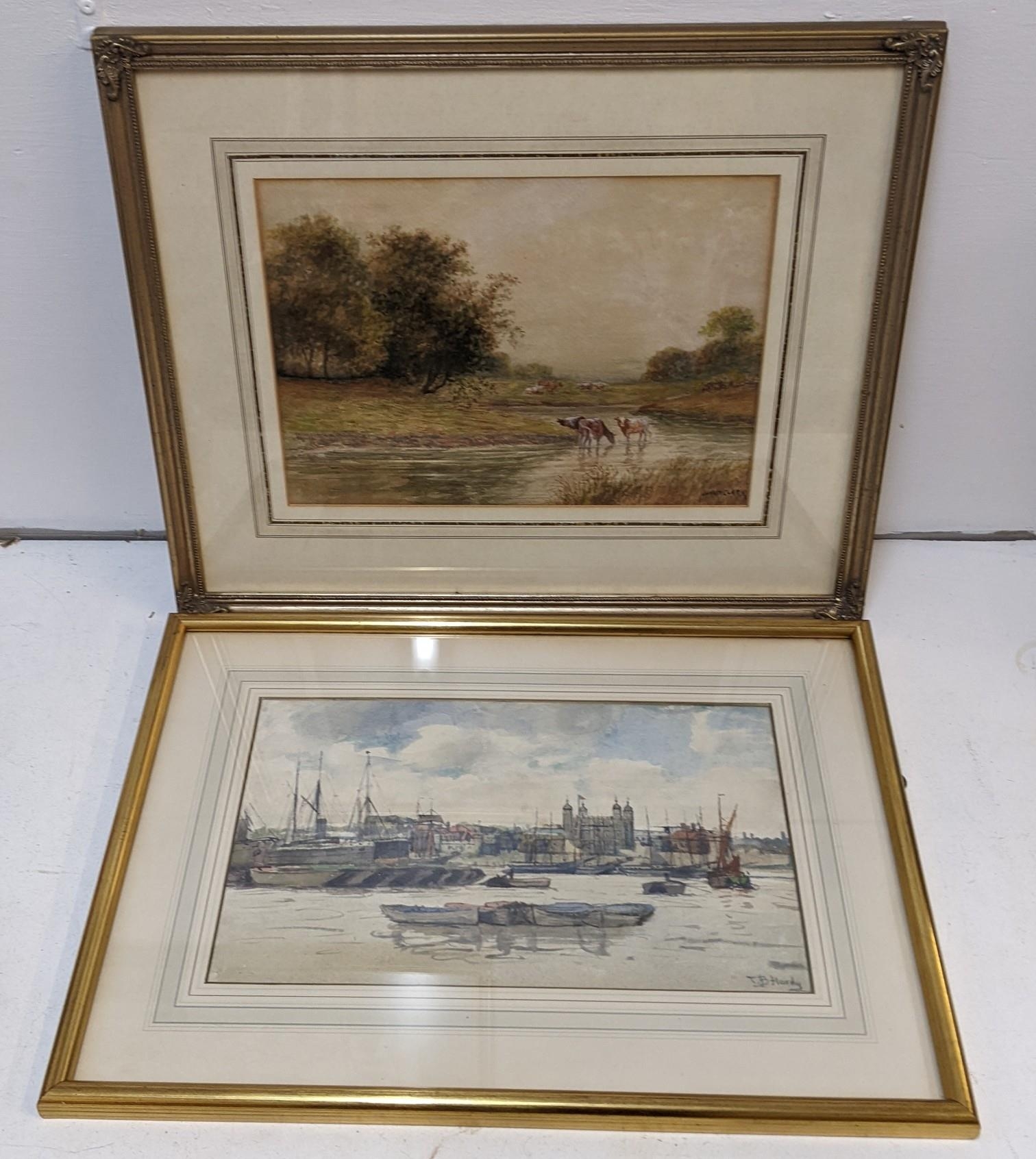 Attributed to Thomas Bush Hardy, 'A view of the Thames with boats' watercolour signed and J Wait