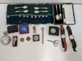 Mixed collectables to include a set of twelve silver plated teaspoons, two watches, an Ingersoll and