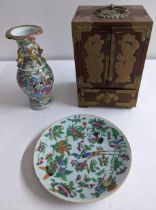 Chinese collectables to include a Canton vase and plate and a hardwood and brass table top chest,