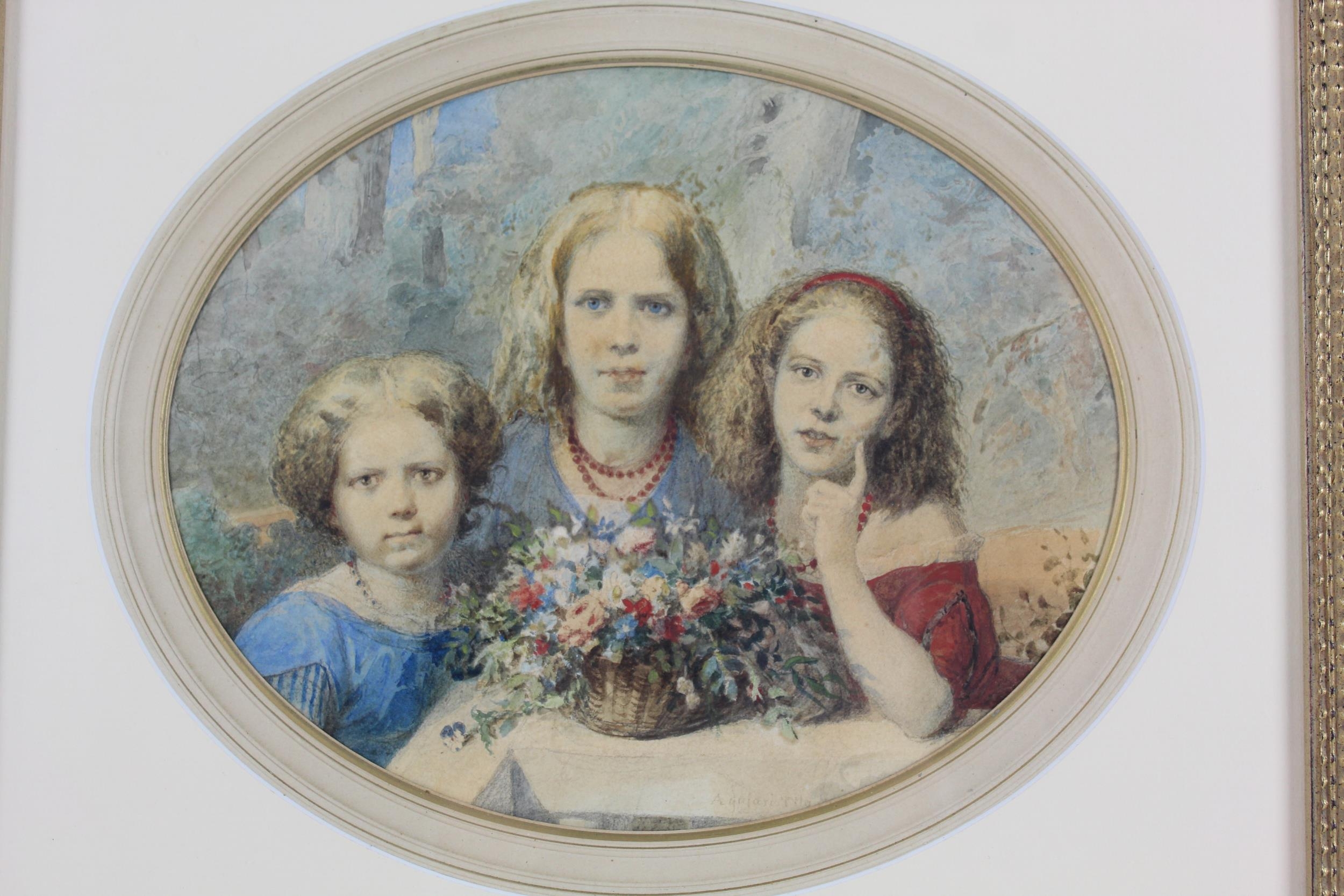 Tito Agujari (1834-1906) - a half length group portrait of three young girls by a basket of - Image 2 of 7