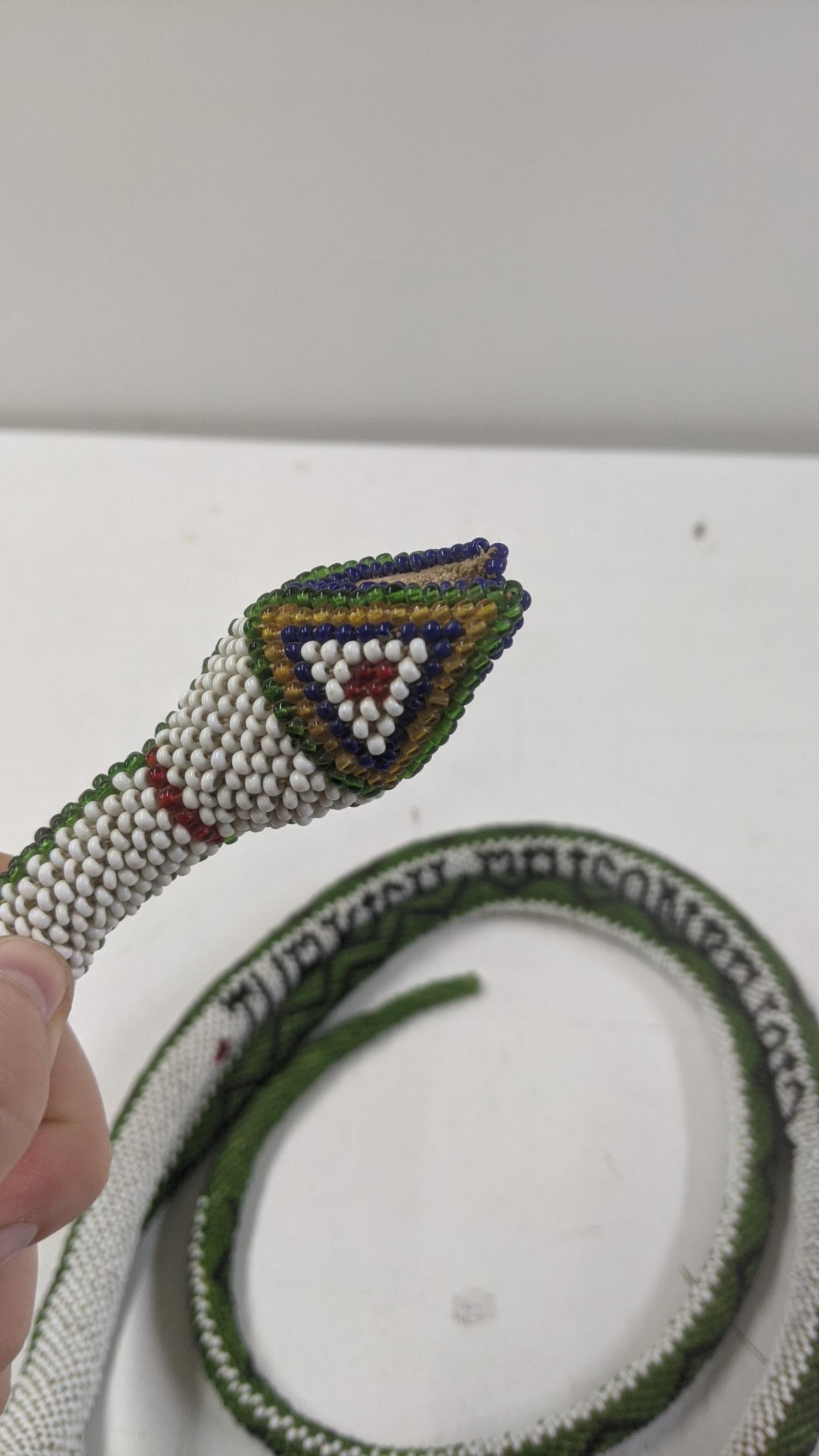 A WWI Turkish Prisoner of War POW, white and green beaded snake, 179cm l Location: If there is no - Image 3 of 6