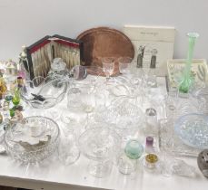 A mixed lot to include a match striker, cutlery and flatware, crystal cut glassware, Beatrix Potters
