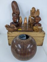 Treen to include Balinese figures and a pine box Location: If there is no condition report shown,