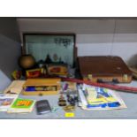 A mixed lot of collectables to include a wooden travelling desk, writing slope, WWII 1939-45 star
