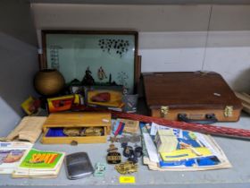 A mixed lot of collectables to include a wooden travelling desk, writing slope, WWII 1939-45 star