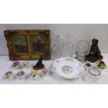 A mixed lot to include decanters, posy ornaments, an oleograph, pickle jar in a Walker & Hall silver