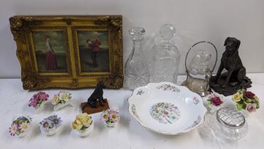 A mixed lot to include decanters, posy ornaments, an oleograph, pickle jar in a Walker & Hall silver